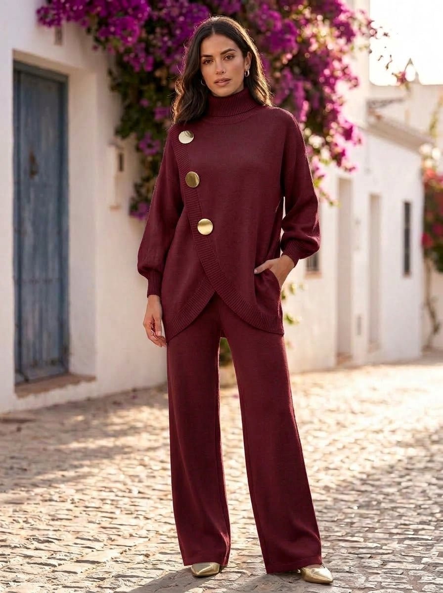 Matilde | Conjunto de punto con jersey cruzado y botones dorados - Cendalia