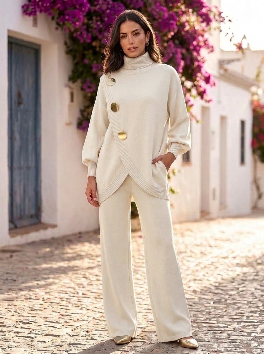 Matilde | Conjunto de punto con jersey cruzado y botones dorados - Cendalia