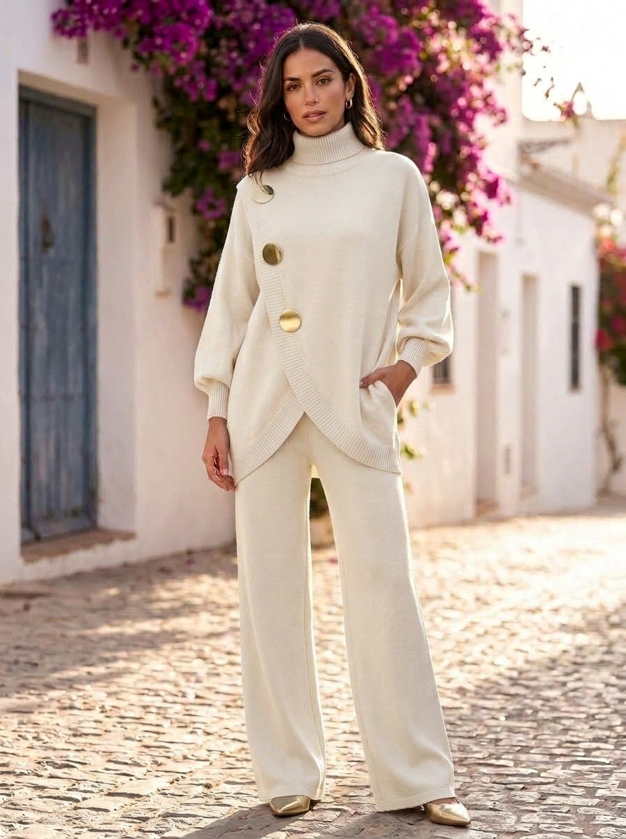 Matilde conjunto de punto jersey cruzado botones dorados - Crema