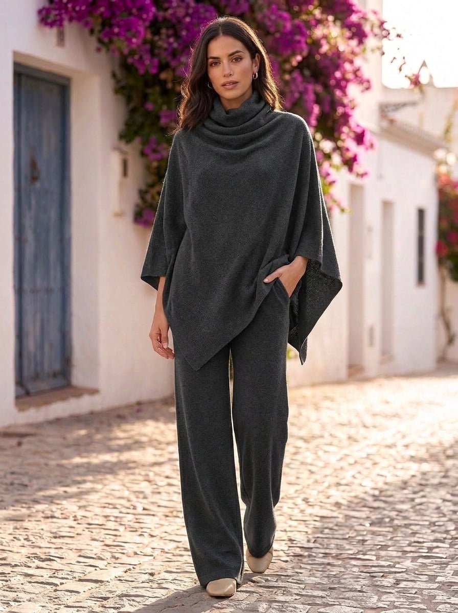 Olivia | Conjunto de punto con poncho de cuello vuelto y pantalón ancho - Cendalia