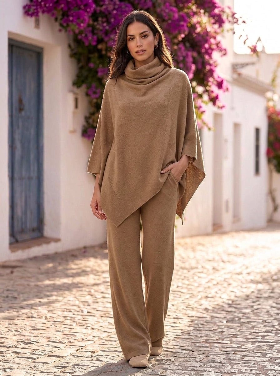 Olivia | Conjunto de punto con poncho de cuello vuelto y pantalón ancho - Cendalia