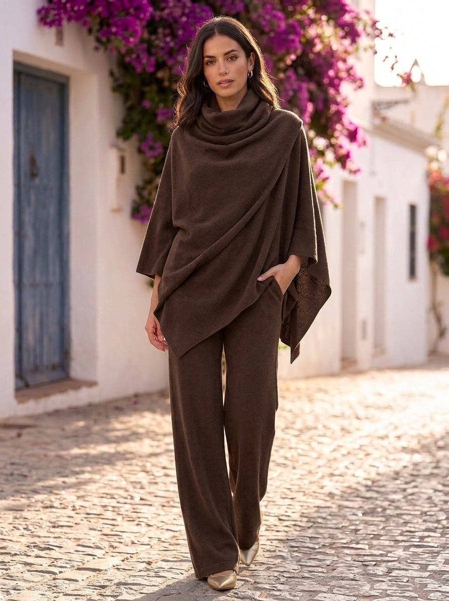Olivia conjunto de punto con poncho de cuello vuelto y pantalón ancho - Marrón Oscuro