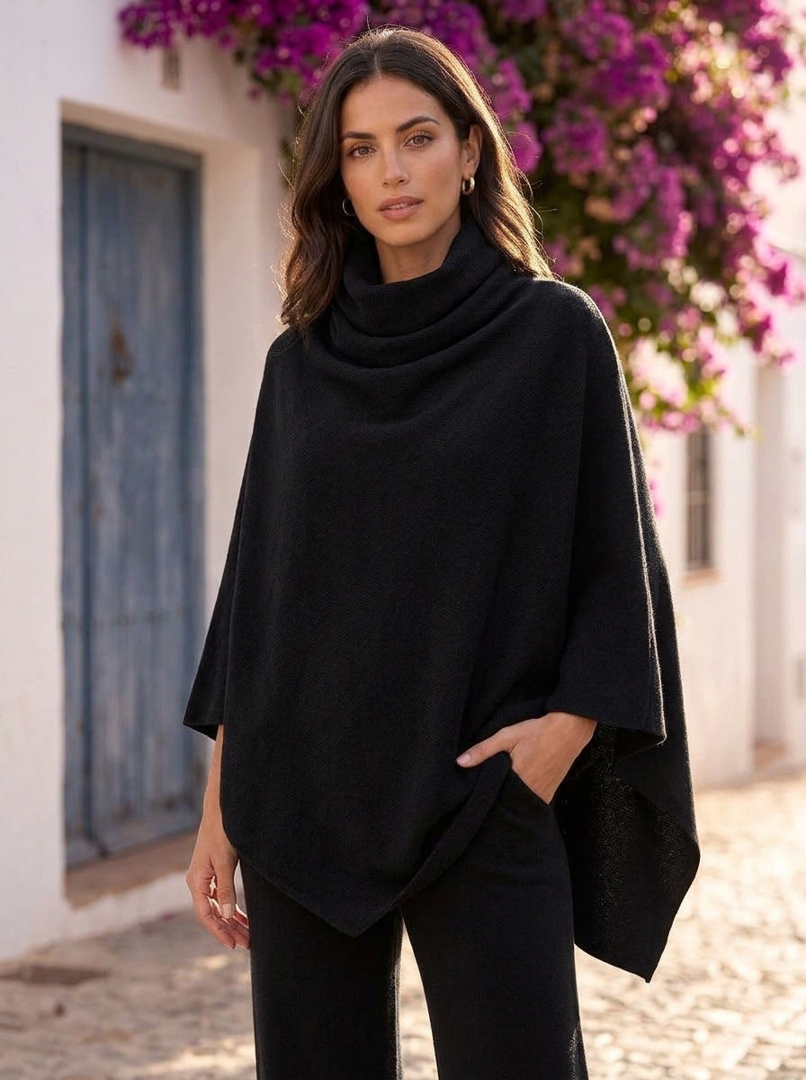 Olivia conjunto de punto con poncho de cuello vuelto - Negro (detalle del cuello)