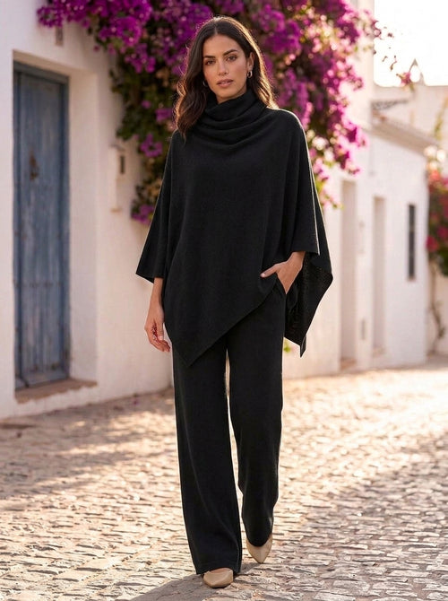 Olivia conjunto de punto con poncho de cuello vuelto y pantalón ancho - Negro