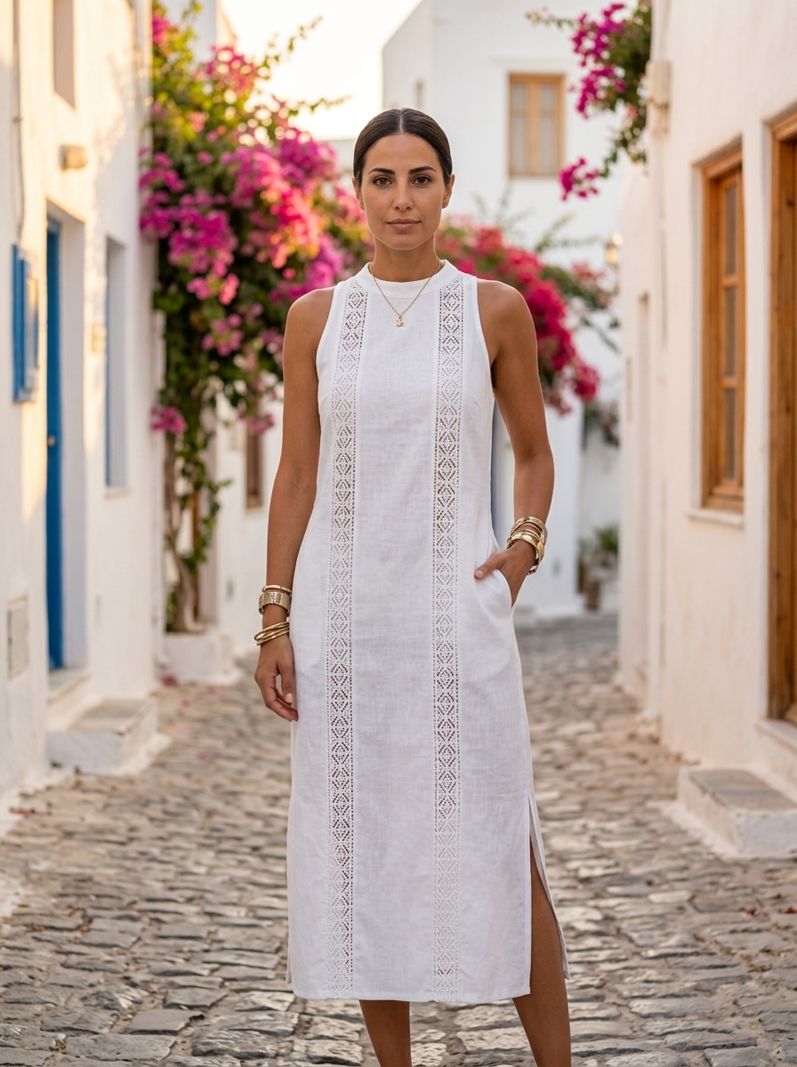 Tatiana, vestido midi de lino blanco con encaje