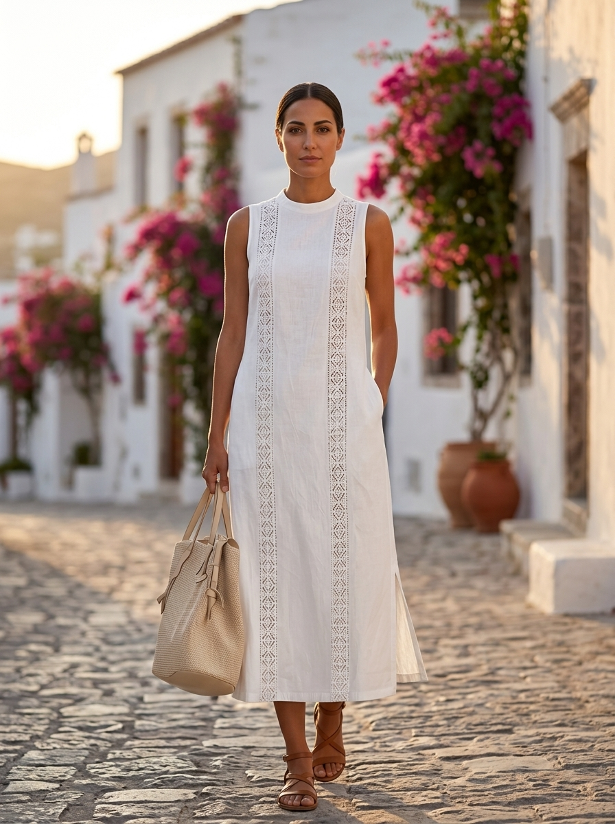 Tatiana, vestido midi de lino blanco con abertura lateral