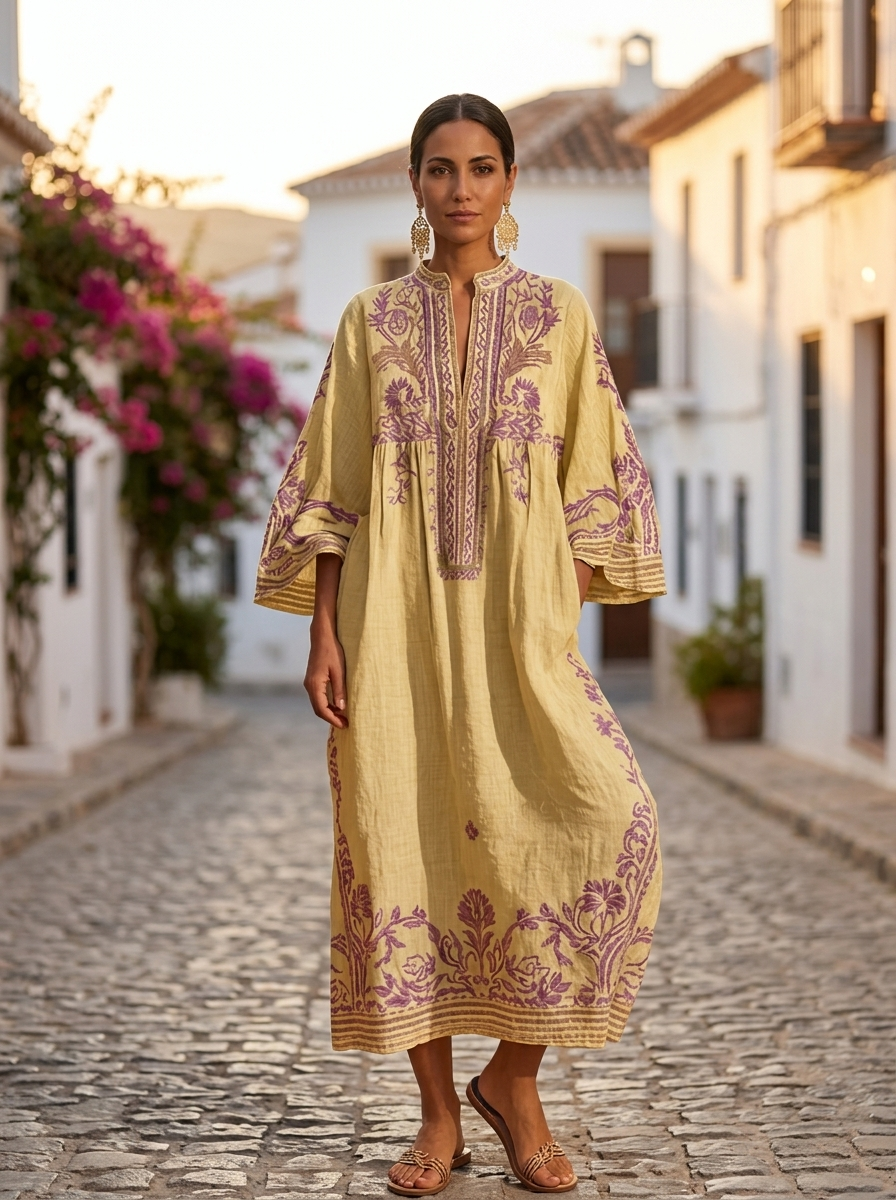 Celestina, vestido boho bordado amarillo