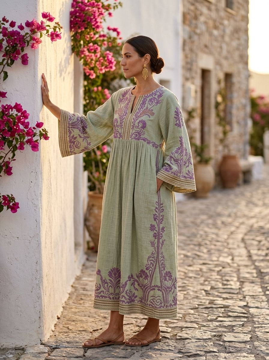 Celestina, vestido boho bordado verde, perfil