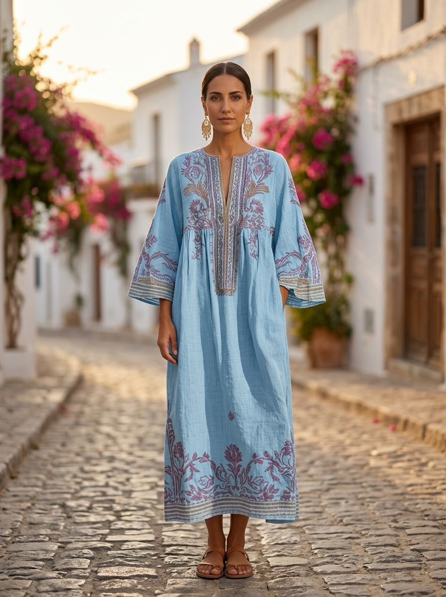 Celestina, vestido boho bordado azul