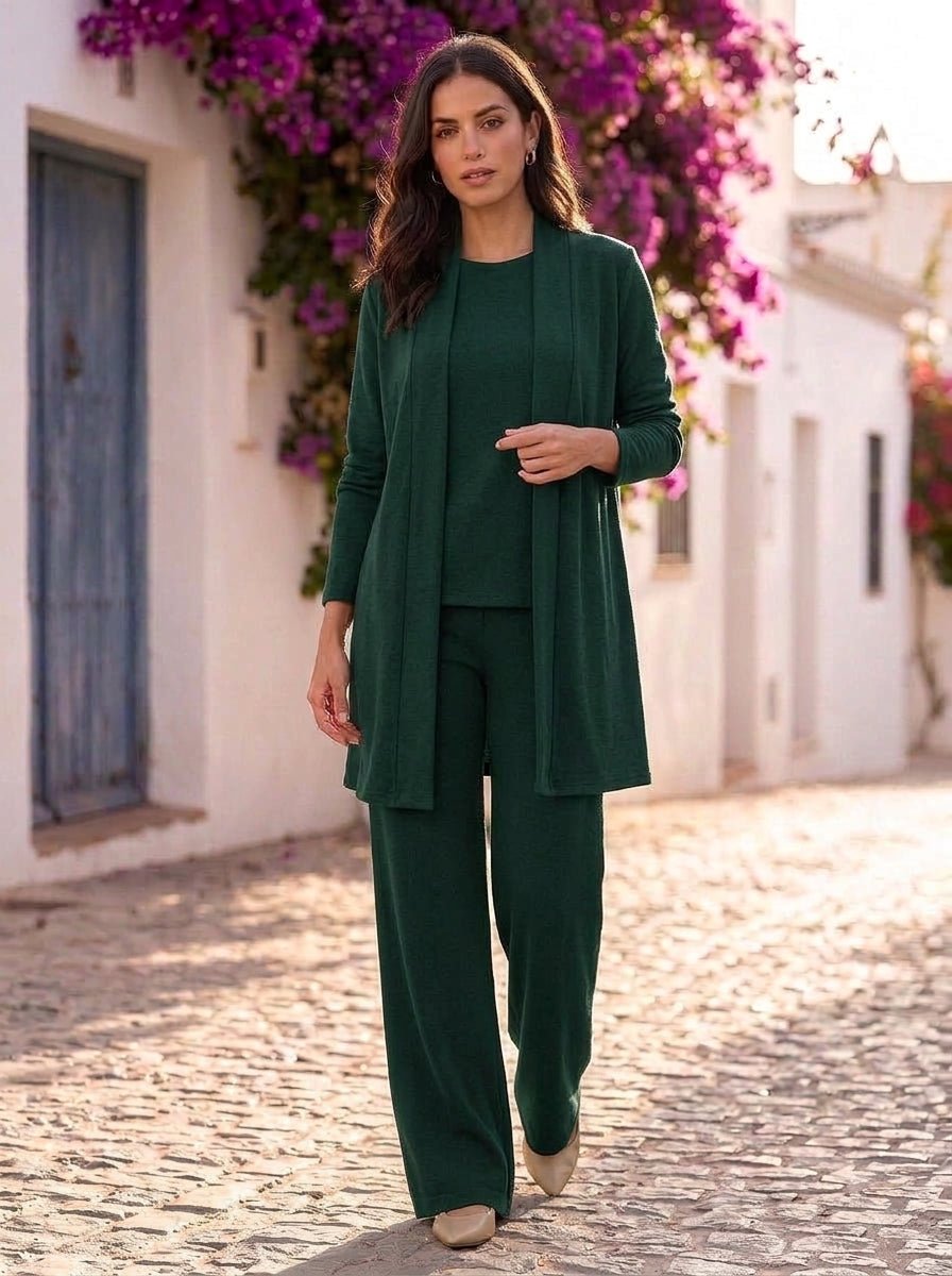 Valeria | Conjunto de tres piezas con cárdigan largo, top y pantalón ancho - Cendalia